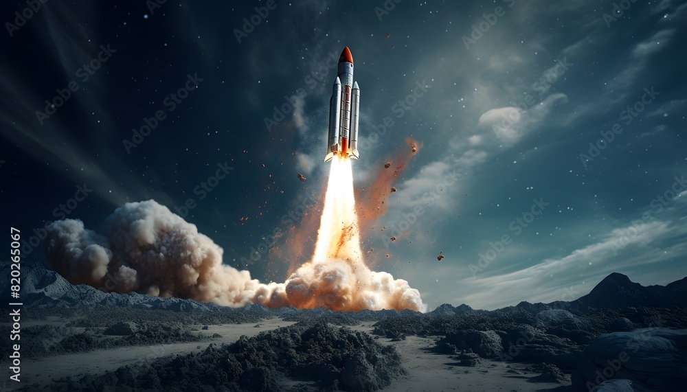 rocket taking off into space with the clouds and smoke visible in the background