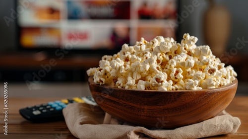 A wooden bowl of popcorn and remote control in the background the TV works. Evening cozy watching a movie or TV series at home 