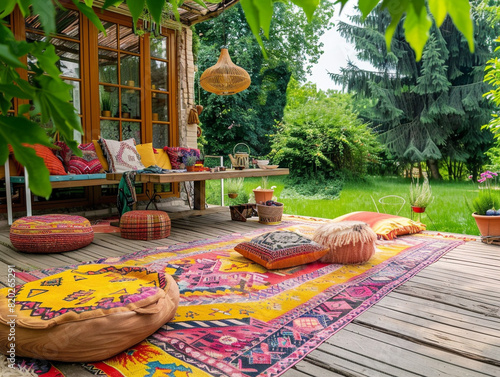 Vibrant bohemian outdoor dining space featuring a colorful rug, perfect for al fresco meals.