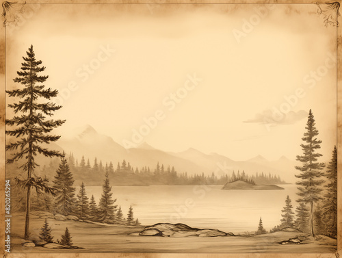 Vintage Sepia Landscape Illustration of a Lake and Mountains
