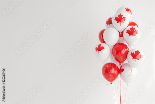 Cluster of Canadian Flag Balloons with Red Maple Leafs on White Background with Copy Space