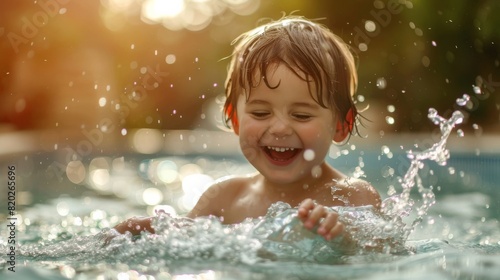 happy kid playing in carcas pool in swimwear for boy. Child are happy  in warm water on sunny summer