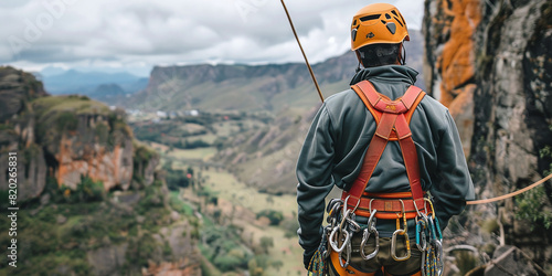 a rock climber in a helmet and equipment stands against the backdrop of a mountain landscape