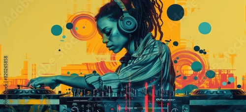 The photo shows a black female DJ with headphones on. She is standing in front of a turntable and is mixing music. The background is a bright yellow color.