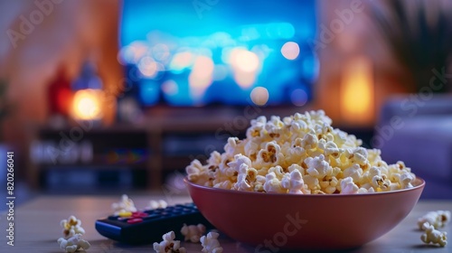 Close up of bowl of popcorn and remote control with tv works on background. Evening cozy watching a movie or TV series at home. 