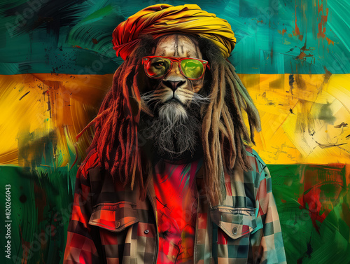 majestic lion withdreadlocks and reggae rastafarian style on vibrant background