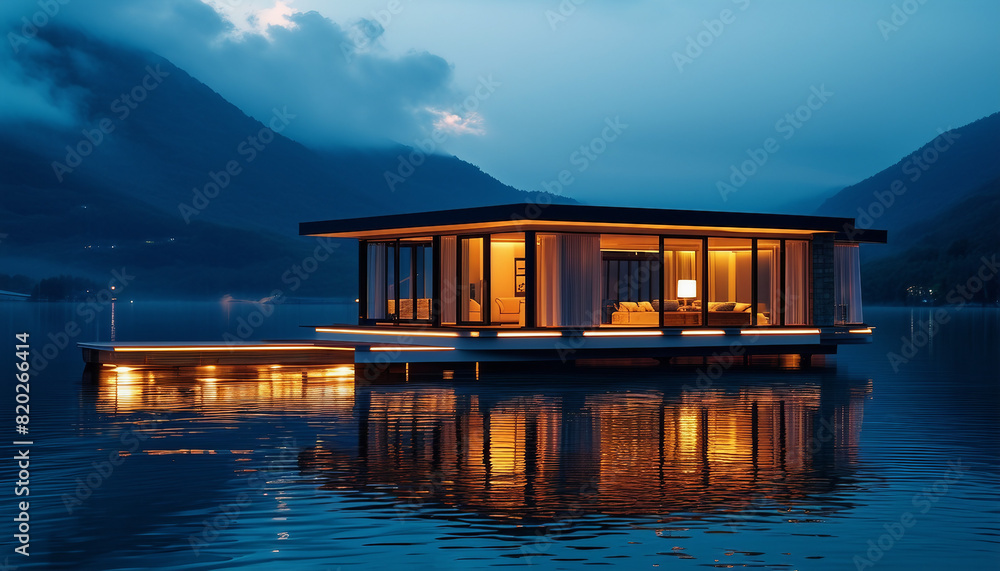 A floating house on a serene lake, featuring a sleek design, illuminated walkways, and vibrant A floating house on a serene lake, featuring a sleek design, illuminated walkways, and vibrant