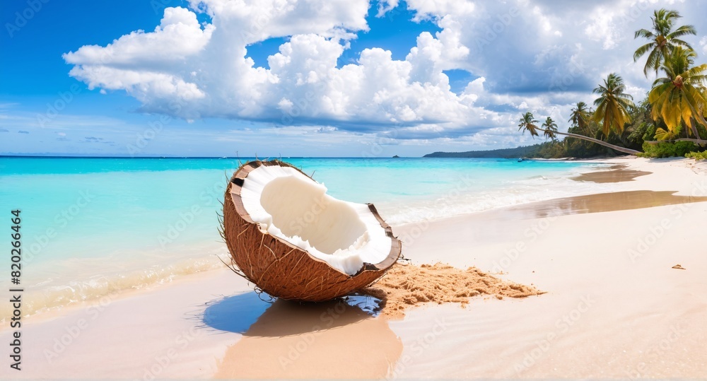 Coconut on exotic sand beach over sea landscape. Coconut on exotic sand beach over sea landscape.
