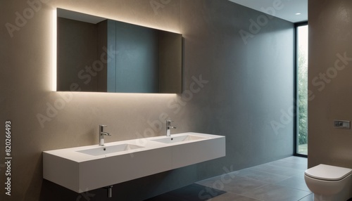 Modern bathroom featuring dual sinks  large mirrors  and minimalistic design with soft lighting.