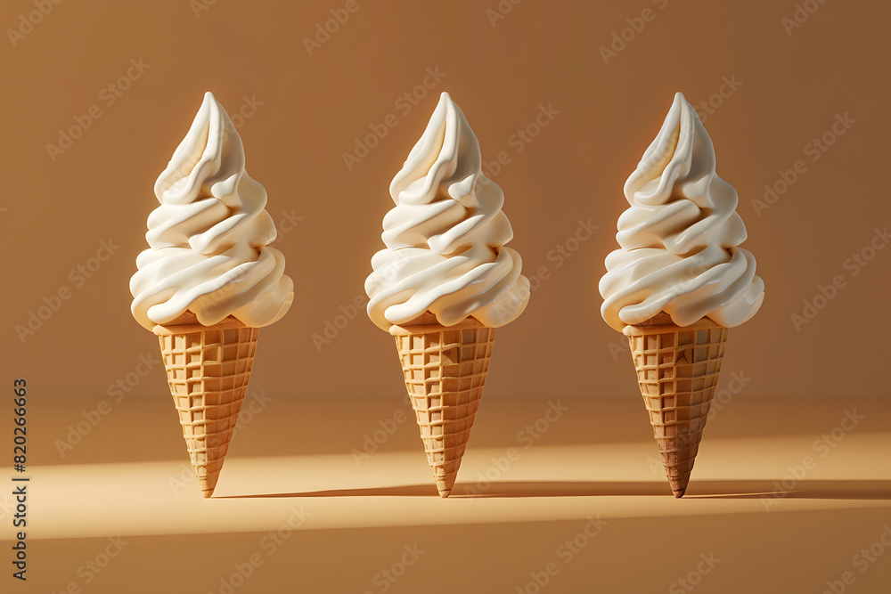 Three vanilla soft serve ice cream cones against a warm background AI ...