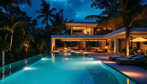 Wallpaper Mural A luxurious modern villa with an infinity pool, surrounded by tropical landscaping and illuminated Torontodigital.ca