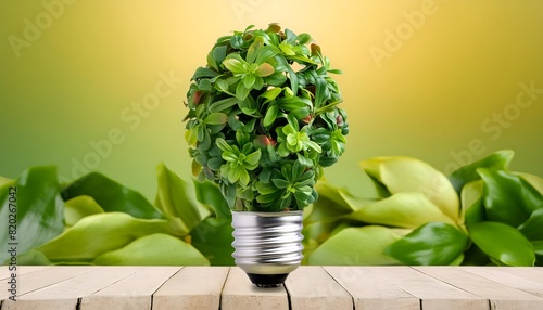 Light bulb with plants on green background, saving energy and environmental friendly concept, generative AI