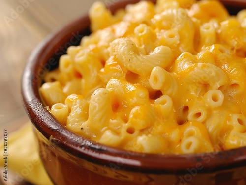 Creamy macaroni and melted cheese sit in a white bowl, inviting and comforting to eat.
