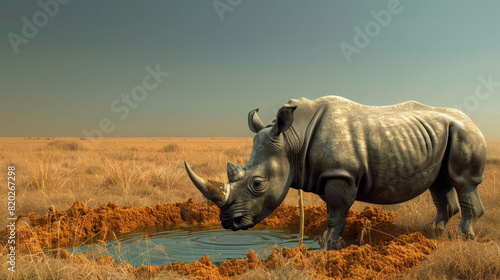 Award Winning national geographic Minimal style, 3D Black Rhinoceros in habitat enrichment projects, creating watering holes for dry savannah regions, one rhino testing water quali