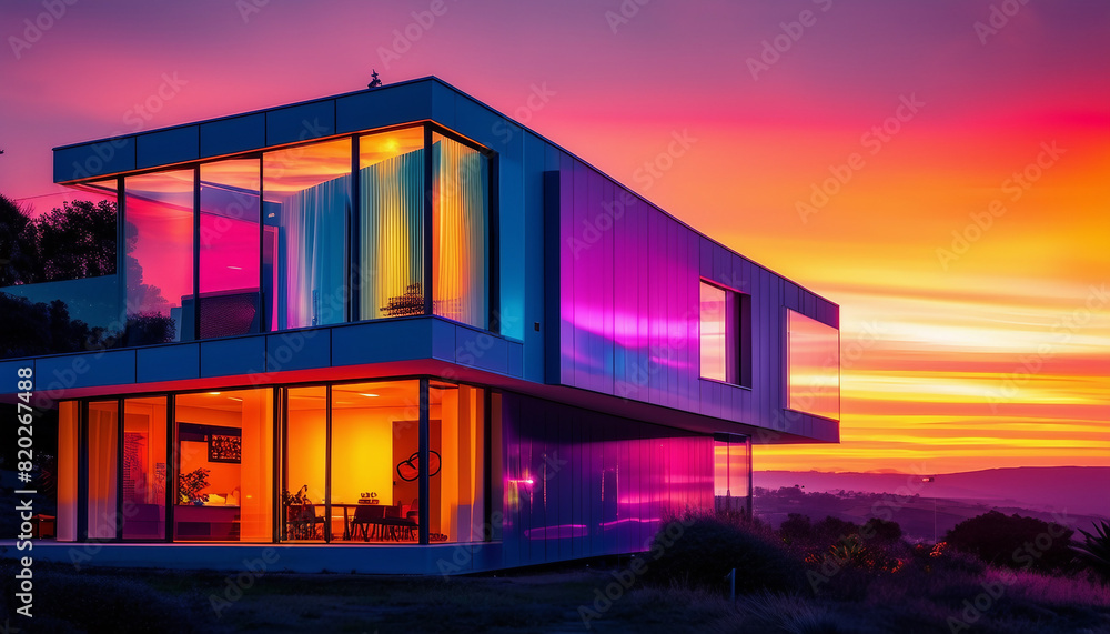 A striking, angular house with a mix of glass and steel, bathed in bold, colorful lights A striking, angular house with a mix of glass and steel, bathed in bold, colorful lights