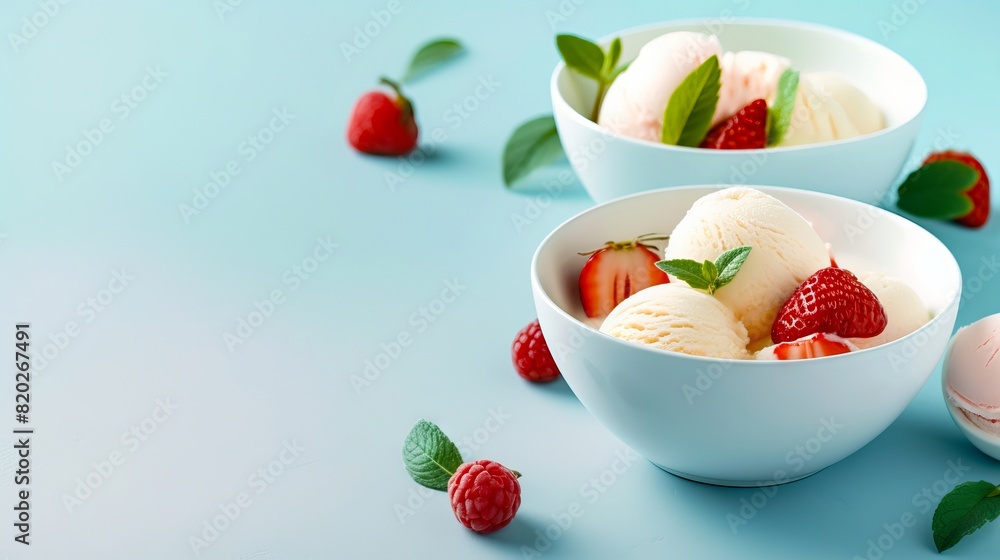 Ice cream in white bowls with strawberries and mint leaves. Ice cream in white bowls with strawberries and mint leaves.