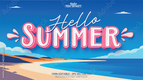 A bright beach with blue skies and Hello Summer text in playful font on a sunny day