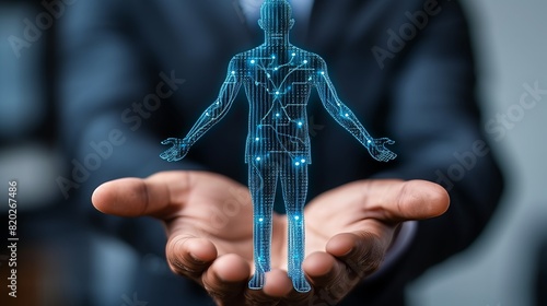 Man on blurred background using digital x-ray human body holographic scan projection 3D rendering photo