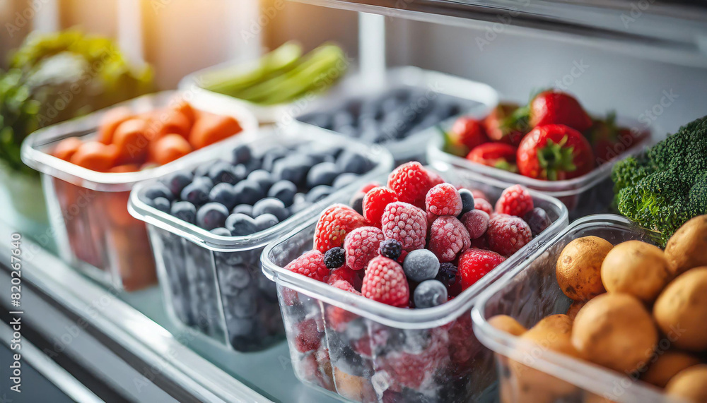Fresh frozen berries and vibrant vegetables neatly organized in reusable box containers on a freezer shelf, representing sustainable food storage, health-conscious choices, and eco-friendly living Fresh frozen berries and vibrant vegetables neatly organized in reusable box containers on a freezer shelf, representing sustainable food storage, health-conscious choices, and eco-friendly living