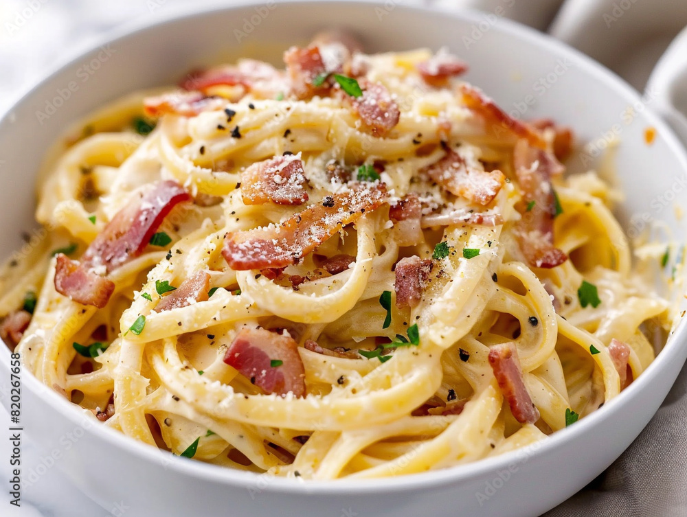 Delicious bowl of creamy pasta carbonara topped with crispy bacon bits, ready to be enjoyed. Delicious bowl of creamy pasta carbonara topped with crispy bacon bits, ready to be enjoyed.