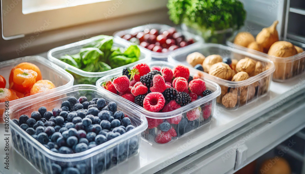 Fresh frozen berries and vibrant vegetables neatly organized in reusable box containers on a freezer shelf, representing sustainable food storage, health-conscious choices, and eco-friendly living Fresh frozen berries and vibrant vegetables neatly organized in reusable box containers on a freezer shelf, representing sustainable food storage, health-conscious choices, and eco-friendly living