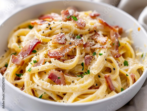Delicious bowl of creamy pasta carbonara topped with crispy bacon bits, ready to be enjoyed.