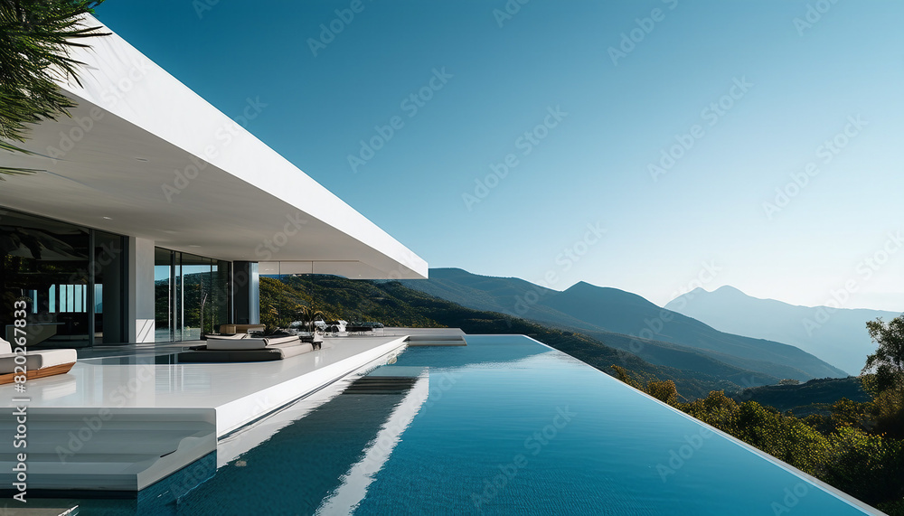 Fototapeta premium An ultra-modern villa with a minimalist white exterior, infinity pool, and dramatic mountain
