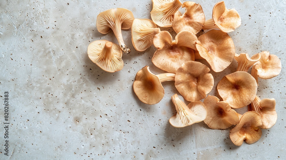 Top View of Fresh Wood Ear Mushrooms on Light Surface, Minimalistic Background with Copyspace, Organic Natural Food Concept, Ideal for Culinary and Health Articles, Texture and Pattern Focused