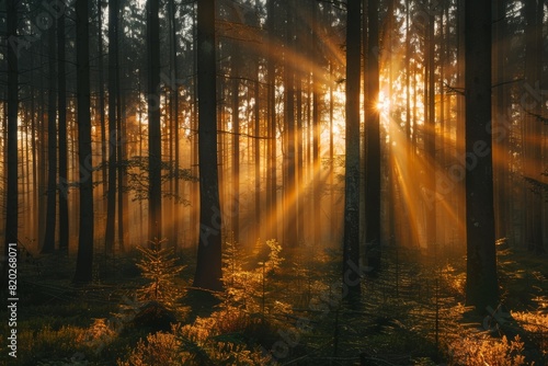 Calming Rhythms  Serene Image of Light Beams Filtering Through a Forest at Sunrise