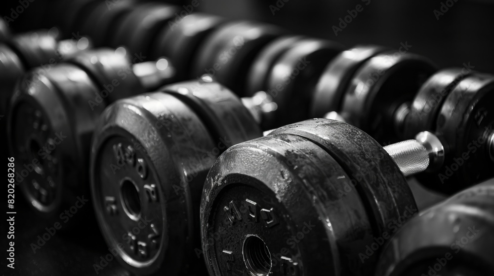 A black and white photo of several dumbbells. A black and white photo of several dumbbells.