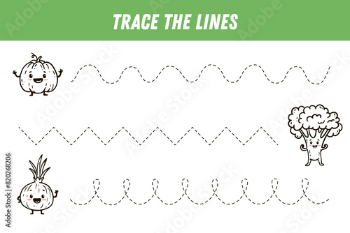 Tracing lines for kids. Cute cartoon vegetables. Broccoli, pumpkin, onion. Handwriting practice. Educational game for preschool kids. Activity page. Vector