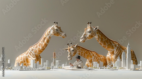 Award Winning National Geographic Minimal style, 3D giraffes in architectural design gear, reviewing urban development plans, one giraffe sketching ideas, plain planning white back