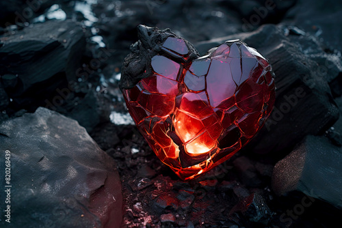 A glowing heart-shaped object amidst dark rocks, symbolizing hope in darkness. Concept of love that has endured hardship, still shining brightly. photo