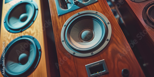 Immerse yourself in the world of high-end audio equipment with professional stereo speakers playing music, delivering unparalleled sound quality and fidelity