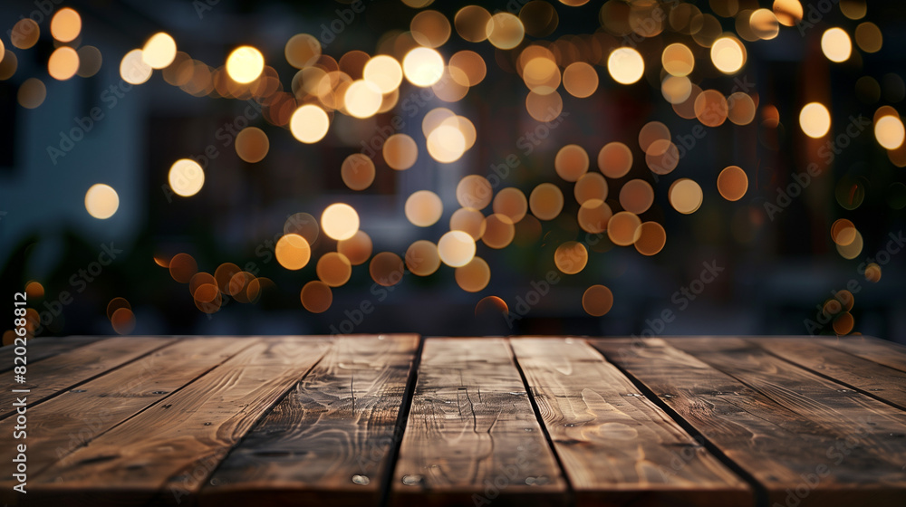 Wooden Table Top With Blurred Lights Wooden Table Top With Blurred Lights