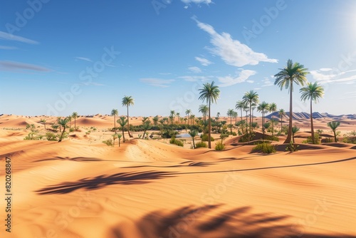 A vast desert landscape with towering sand dunes  a solitary oasis with palm trees  and a clear blue sky overhead  with the sun casting long shadows across the sand.
