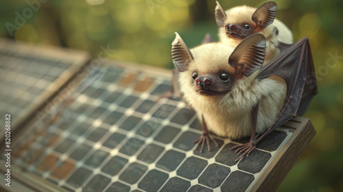 Award Winning national geographic Minimal style, 3D Honduran White Bats in renewable energy advocacy roles, promoting solar power in forest habitats, one bat perched atop a miniatu