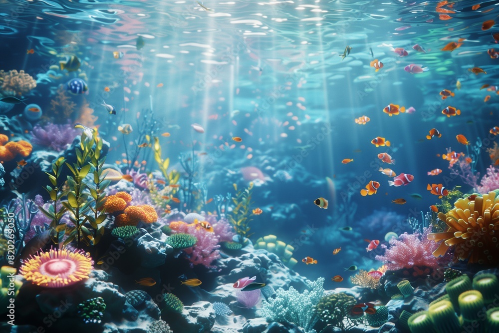 Naklejka premium A vibrant coral reef teeming with colorful fish, anemones, and sea plants, illuminated by sunlight streaming through the clear blue water, creating a mesmerizing underwater scene.