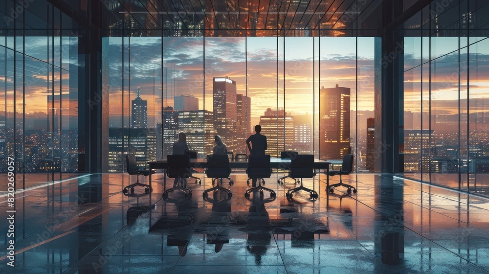 Collaborative Modern Skyscraper Executives Gather in a Sleek Meeting Room for a Humorous Exchange