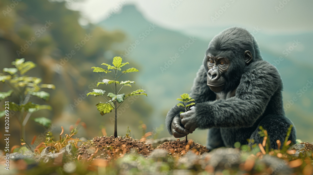Obraz premium Award Winning national geographic Minimal style, 3D Mountain Gorillas in community reforestation roles, planting trees in deforested areas, one gorilla tenderly placing a sapling i