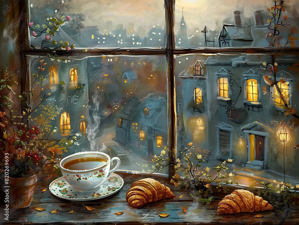 A painting of a cup of tea and croissants on a window sill A painting of a cup of tea and croissants on a window sill