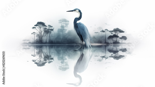 Double Exposure White Background of a Blue Heron by a pond and forest illustration ~ Created using Generative AI photo