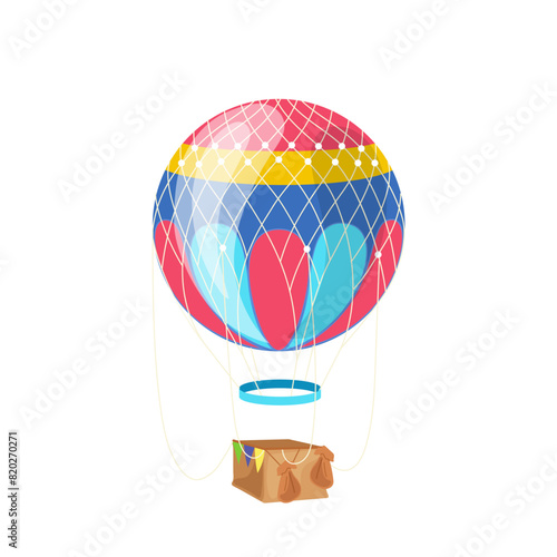 Cartoon colorful air hot balloon with wicker basket and festive decorative flags vector illustration
