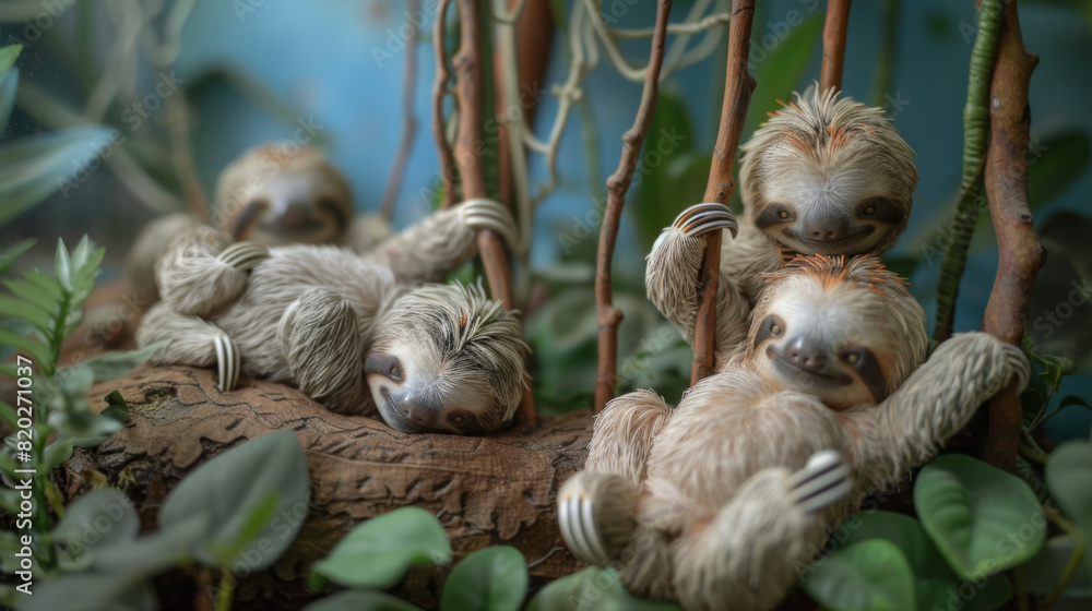 Obraz premium Award Winning national geographic Minimal style, the rule of thirds On the right third of the frame, 3D chubby baby sloths hanging upside down from miniature branches, one baby slo