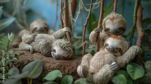 Award Winning national geographic Minimal style  the rule of thirds On the right third of the frame  3D chubby baby sloths hanging upside down from miniature branches  one baby slo