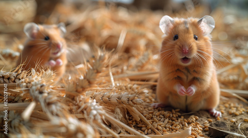 Award Winning national geographic Minimal style, the rule of thirds On the right third of the frame, 3D chubby baby hamsters in a miniature wheat field, nibbling on grains, one bab photo