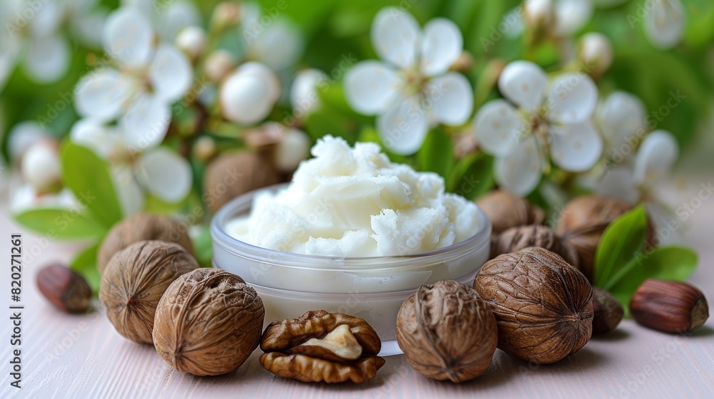 Organic shea butter bowl with nuts, bath essentials, and botanicals on pink background Organic shea butter bowl with nuts, bath essentials, and botanicals on pink background