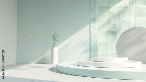 An elegant 3D product display featuring a white and light blue podium  complemented by a modern tile wall backdrop  designed to highlight the product in a refined setting.