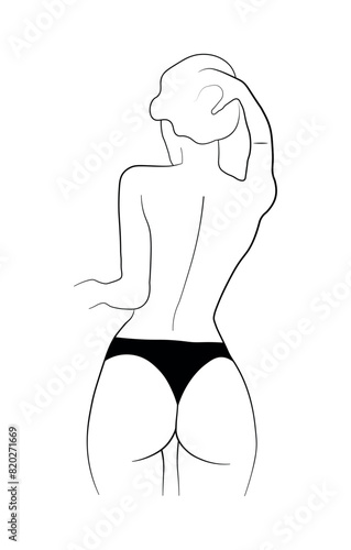 woman in bikini swimsuit, black and white drawing