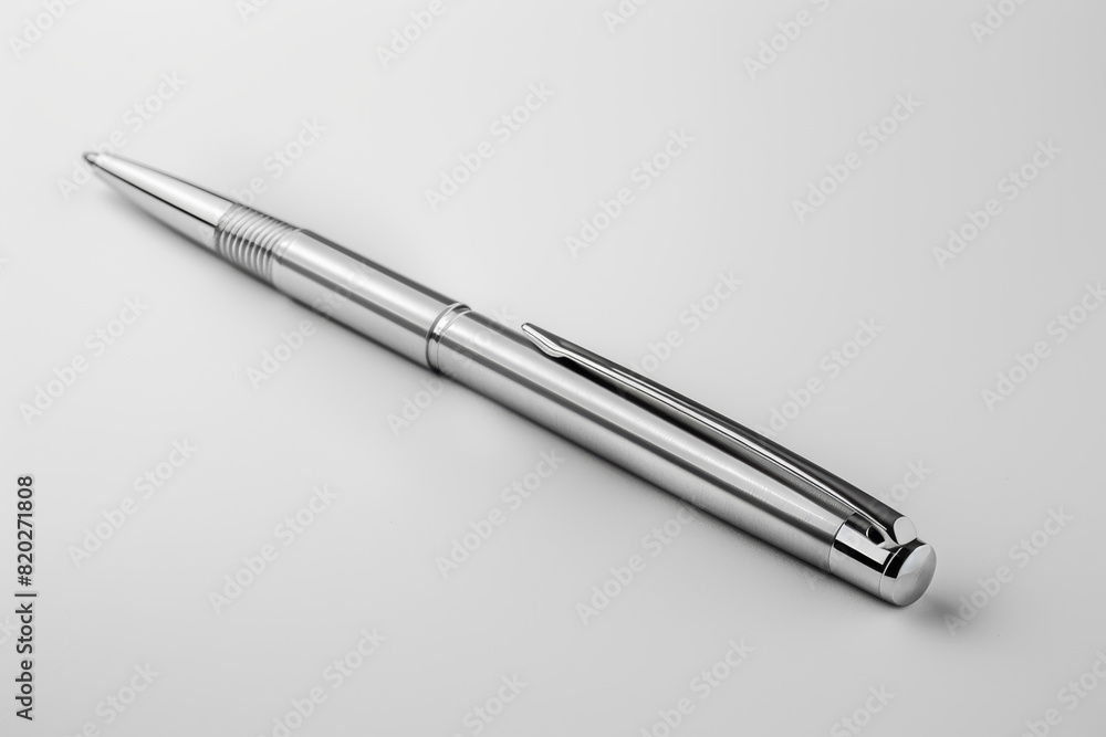 A shiny silver pen isolated against a plain white backdrop, standing alone, with no background. Concept of writing and expression. Generative Ai. A shiny silver pen isolated against a plain white backdrop, standing alone, with no background. Concept of writing and expression. Generative Ai.